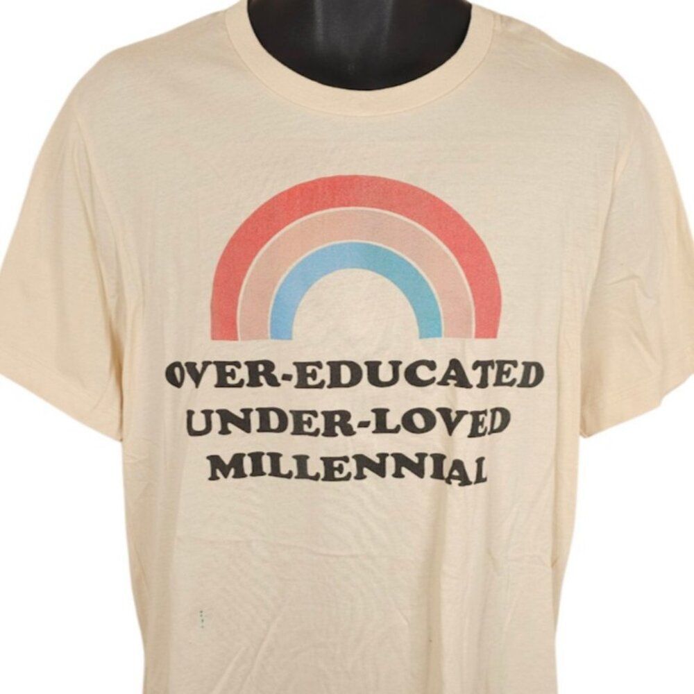 Millennial T Shirt Mens Size Large Beige Over Educated Under Loved Rainbow
